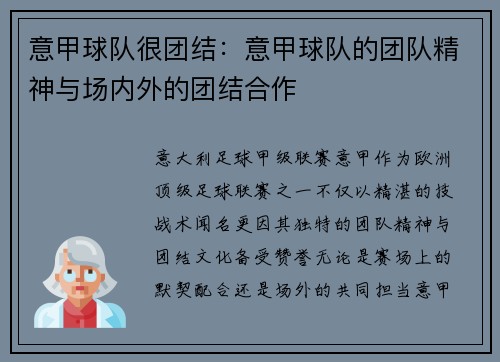 意甲球队很团结：意甲球队的团队精神与场内外的团结合作