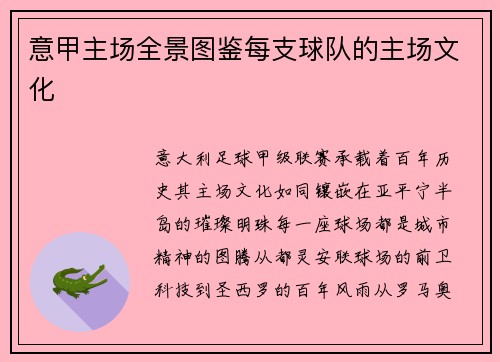 意甲主场全景图鉴每支球队的主场文化